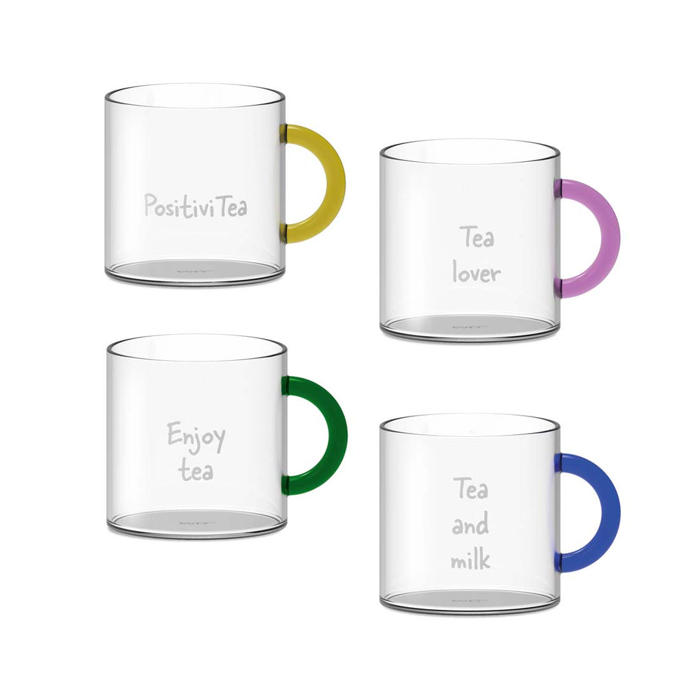 Set 4 Tazze in Vetro Borosilicato con Manico Colorato e Scritta Decorativa - WD Lifestyle