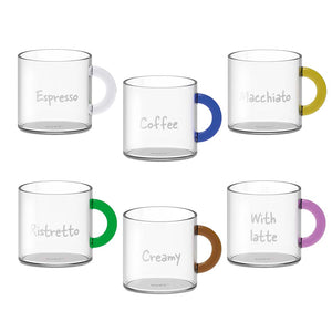 Set 6 Tazzine da Caffè in Vetro Borosilicato con Manico Colorato e Scritta - WD Lifestyle